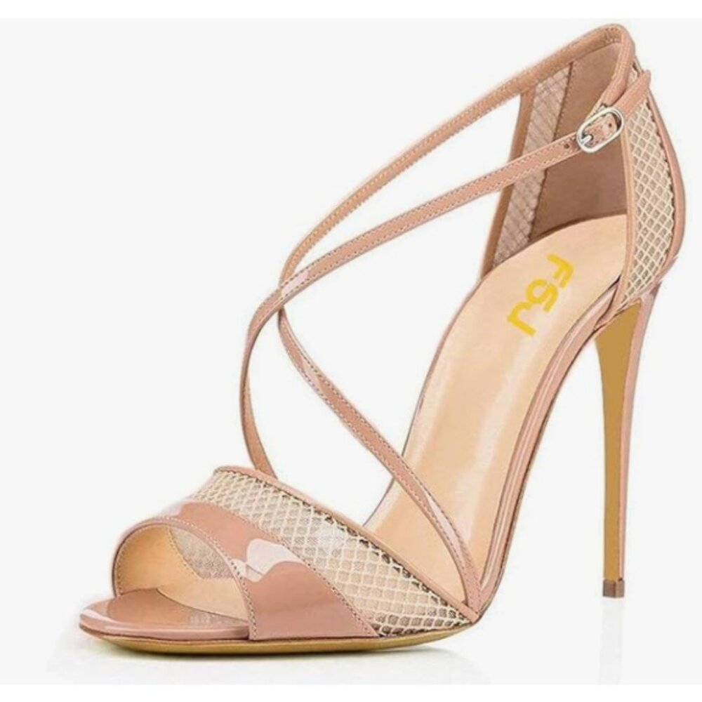 FSJ Nude Open Toe Mesh Sandals High Heel Strappy Crisscross Straps Buckle Shoes